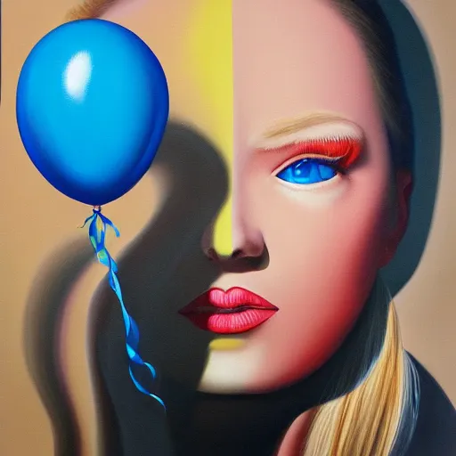 Prompt: a painting of a woman with a blue balloon, an airbrush painting by ron english, behance, pop surrealism, airbrush art, surrealist, hyper realism
