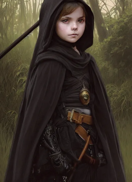 Image similar to perfectly - centered - portrait of a kid wearing black cloak holding stick, intricate, highly detailed, digital painting, artstation, concept art, smooth, sharp focus, illustration, unreal engine 5, 8 k, art by artgerm and greg rutkowski and alphonse mucha