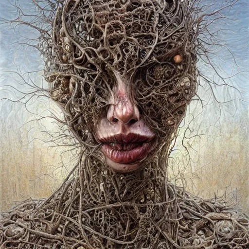 Image similar to Broken god, hyper-realistic oil painting, Body horror, biopunk, by Peter Gric, Marco Mazzoni