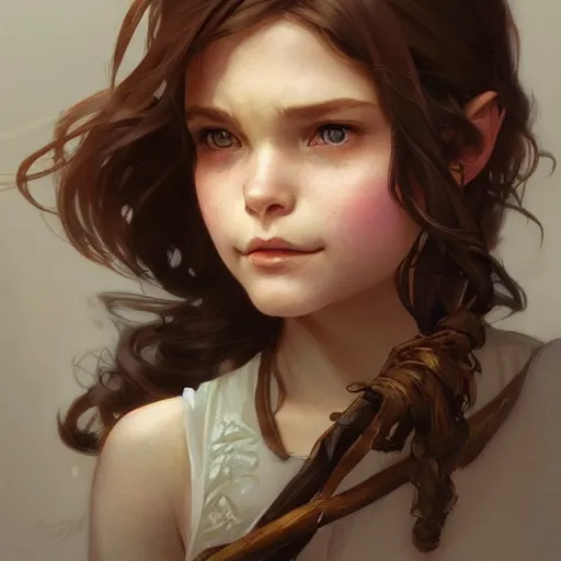 Prompt: a mischievous small girl with branches in her brown hair, highly detailed, digital painting, artstation, concept art, smooth, sharp focus, illustration, art by artgerm and greg rutkowski and alphonse mucha