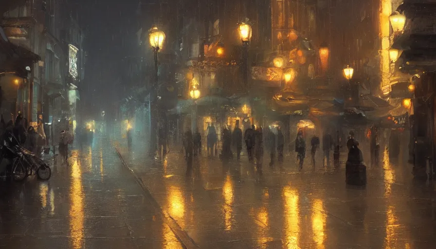 Image similar to city street in early xx century in early evening by street lights during rain, shadows, reflections, epic composition, intricate, elegant, volumetric lighting, digital painting, highly detailed, artstation, sharp focus, illustration, concept art, ruan jia, steve mccurry