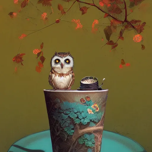 Image similar to long shot of a very cute owl chick sitting in a very beautiful cup, by esao andrews, by james jean, marc simonetti, by victo ngai, humorous illustration, hyperrealistic, big depth of field, fresh colors, dim light, 3 d octane render conceptart, 4 k, hyperdetailed, trending on artstation