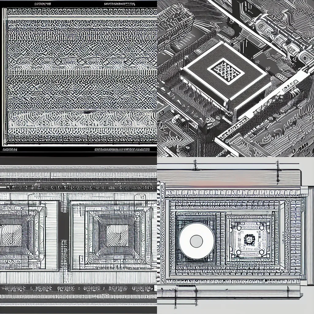 Prompt: technical drawing of a graphic processing unit (GPU) with intricate patterns and detailed annotations