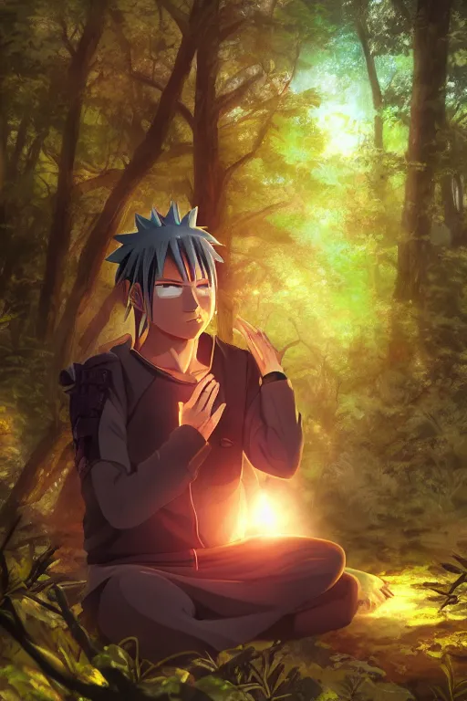 Image similar to photorealistic dark fantasy concept art of Naruto meditating in a forest, dynamic lighting, stunning visuals, realism, cinematic, hyper detailed, ultra detailed, beautiful visuals and sunset