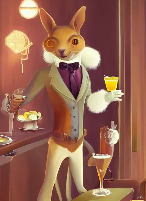 Prompt: a squirrel anthro as a dapper bartender with a big, fluffy tail, retro futurism, art deco, detailed painterly digital art by WLOP and Cory Loftis, 🐿🍸🍋, furaffinity, trending on artstation