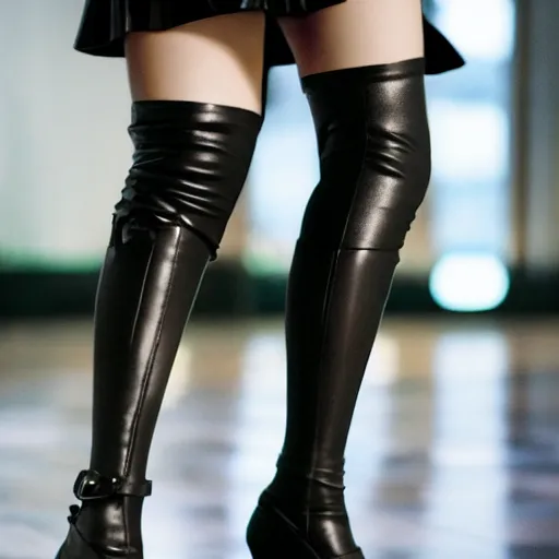 Image similar to a dynamic, epic cinematic 8K HD movie shot of a japanese young J-Pop idol girl wearing leather jacket, miniskirt, nylon tights and high heels boots. Motion, VFX, Inspirational arthouse