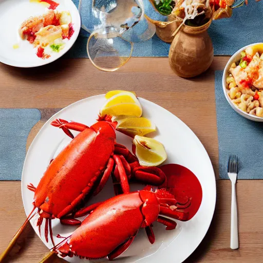 Prompt: a lobster dinner, cookbook photo, good composition