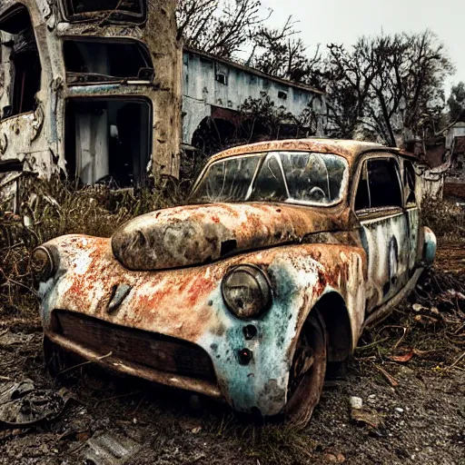 Image similar to apocalyptic, ruined town, abandoned streets, littered, decrepit homes and sheds on the side of the road, slowly being reclaimed by nature. rusted tesla car. fog, dew, rain, volumetric lighting, beautiful, summer morning dew, sharp focus, ultra detailed, cgsociety - w 1 0 2 4 - n 8 - i