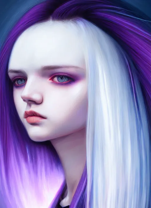 Image similar to hair whitebangs hair, black hair, whitebangs, portrait of teenage girl with white bangs, red irises, purple clothes, white bangs, bangs are different color from hair, intricate, elegant, glowing lights, highly detailed, digital painting, artstation, concept art, smooth, sharp focus, illustration, art by wlop, mars ravelo and greg rutkowski