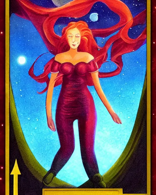 Image similar to tarot card of space astral girl, red hair, ginger hair, fantasy, glowing skin, smooth face, perfect eyes