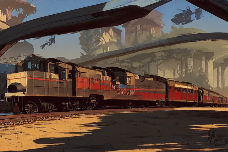 Image similar to idyllic old western train station illustration by syd mead artstation 4 k graphic novel concept art matte painting