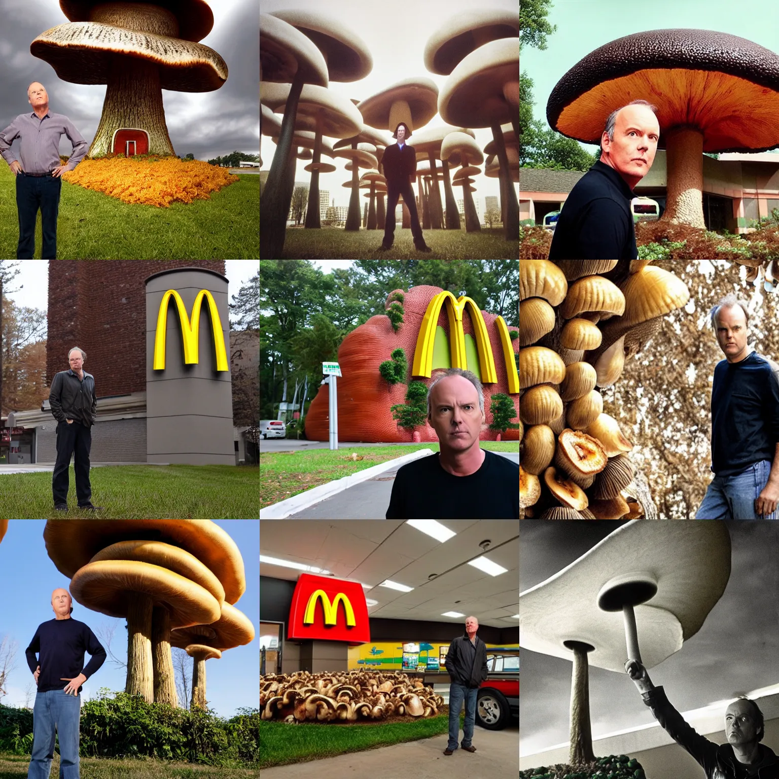 Prompt: Michael Keaton standing in front of big large building, Mcdonalds Restraunt gigantic fungus mushroom, surrounded by mushrooms, one point perspective, cinematic, low angle ,wide angle, photography
