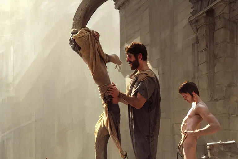 Image similar to a man tied to a pillar and jack russel terrier pissing on him, highly detailed, hyperrealistic digital painting, artstation, concept art, smooth, sharp focus, illustration, cinematic lighting, art by artgerm and greg rutkowski and alphonse mucha