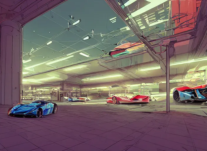 Image similar to large fancy showroom for cars but no people and no cars. sharp focus, cinematic pose, cinematic lighting, unreal engine render. art by josan gonzales and moebius and deathburger.