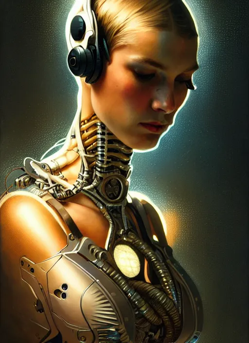 Image similar to cyborg DJ mox on stage , diffuse lighting, fantasy, intricate, elegant, highly detailed, lifelike, photorealistic, digital painting, artstation, illustration, concept art, smooth, sharp focus, art by John Collier and Albert Aublet and Krenz Cushart and Artem Demura and Alphonse Mucha