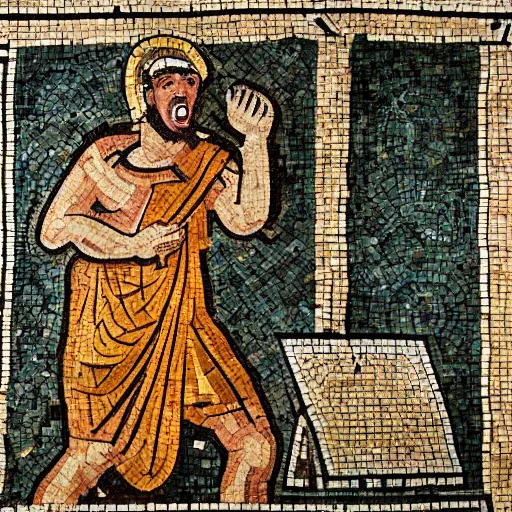 Image similar to ancient roman mosaic of a guy yelling at his computer, highly detailed, high quality, high resolution