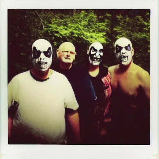 Prompt: found polaroid photo of juggalo trash humpers, wtf