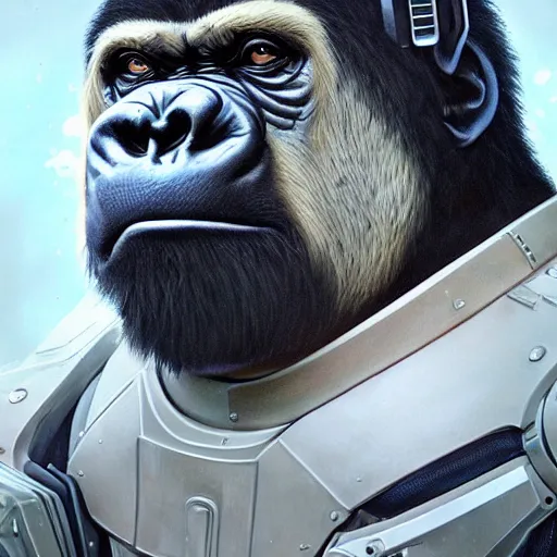 Image similar to science-fiction character portrait of a gorilla wearing a white armored space suit, intricate, wild, highly detailed, digital painting, artstation, shoulders up, concept art, smooth, sharp focus, illustration, art by artgerm and greg rutkowski and alphonse mucha