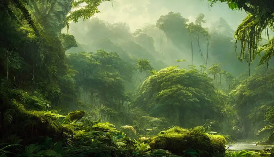 Image similar to a beautiful painting of odysseus spaceship in a lush jungle, ray traced lighting by kalin popov and greg rutkowski