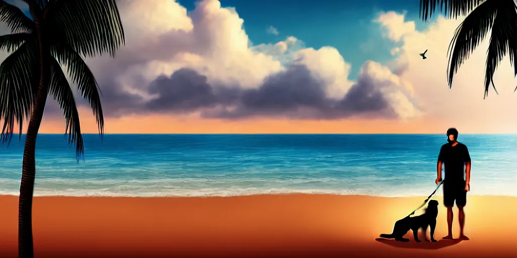 Prompt: a man with his dog in a beach with palm trees in a cloudy sunset, cinematic, hyper realistic, intricate details, anime style