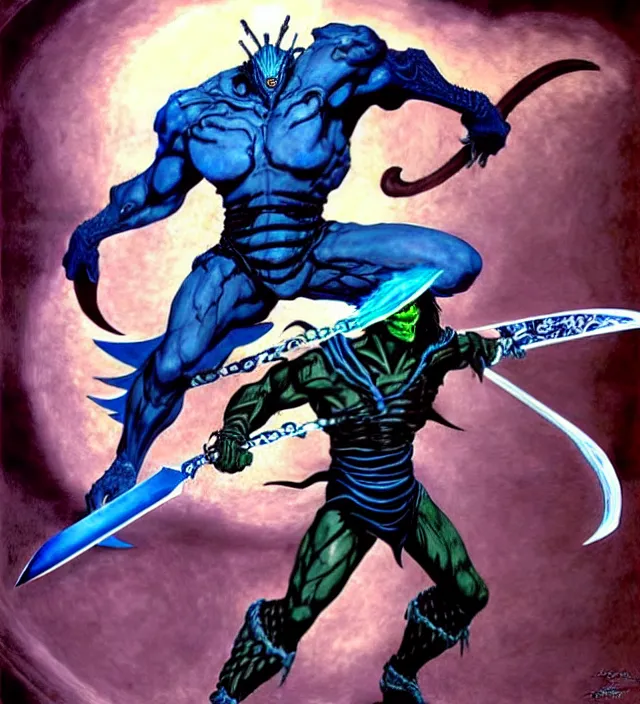 Image similar to raziel from soul reaver holding the physichal sword battling against kain, with the pillars of nosgoth on the background, syd mead and mark brooks, female, feminine, futurism, intricate linework, colors by frank frazetta