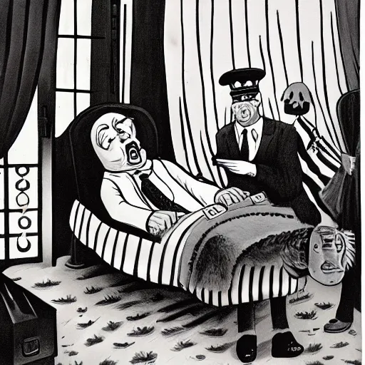 Image similar to the death of captain kangaroo, by charles addams,