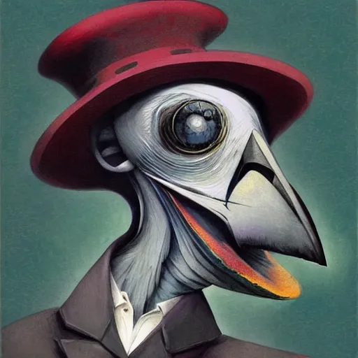 Image similar to ( ( ( head and shoulders portrait of a kenku crow person wearing a porkpie hat ) ) ), d & d, fantasy, dave mckean, peter mohrbacher