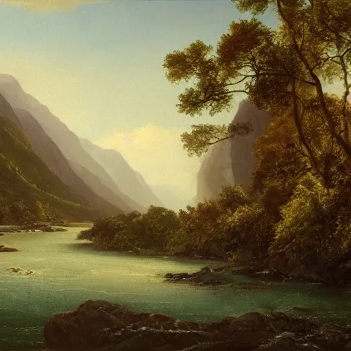 Prompt: a cinematic painting of a vast serene landscape overlooking a river and a mountain, wind blowing the leaves from the trees