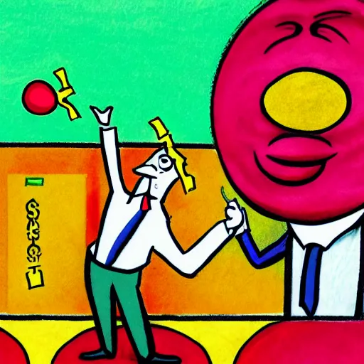 Prompt: A colorful surrealistic drawing of a crazy banker with a red nose throwing money in the air