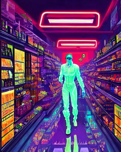 Image similar to cyberpunk man shopping at a neon soaked grocery store, science fiction painting, elegant intricate digital painting artstation, art by salvador dali, detailed