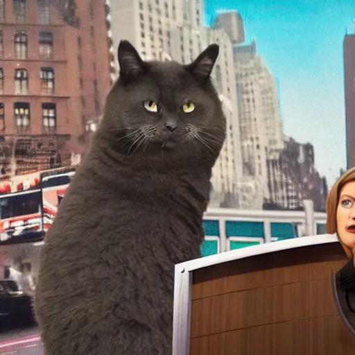 Image similar to newscaster reporting on the appearance of an enormous cat wrecking nyc, television screen, high resolution