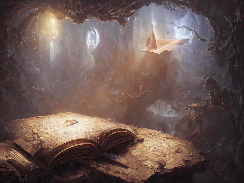 Prompt: detailed painting of a magical book open on a table that is a portal to a fantasy realm by Greg Rutkowski, fantasy, dramatic light