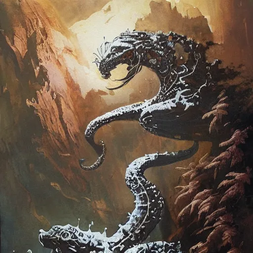 Prompt: a beautiful painting by frazetta, trending on artstation, artstation A beautiful matte painting about a seahorse made out of ferns and fractal patterns, covered in snow leopard, cyberpunk fabric, still life