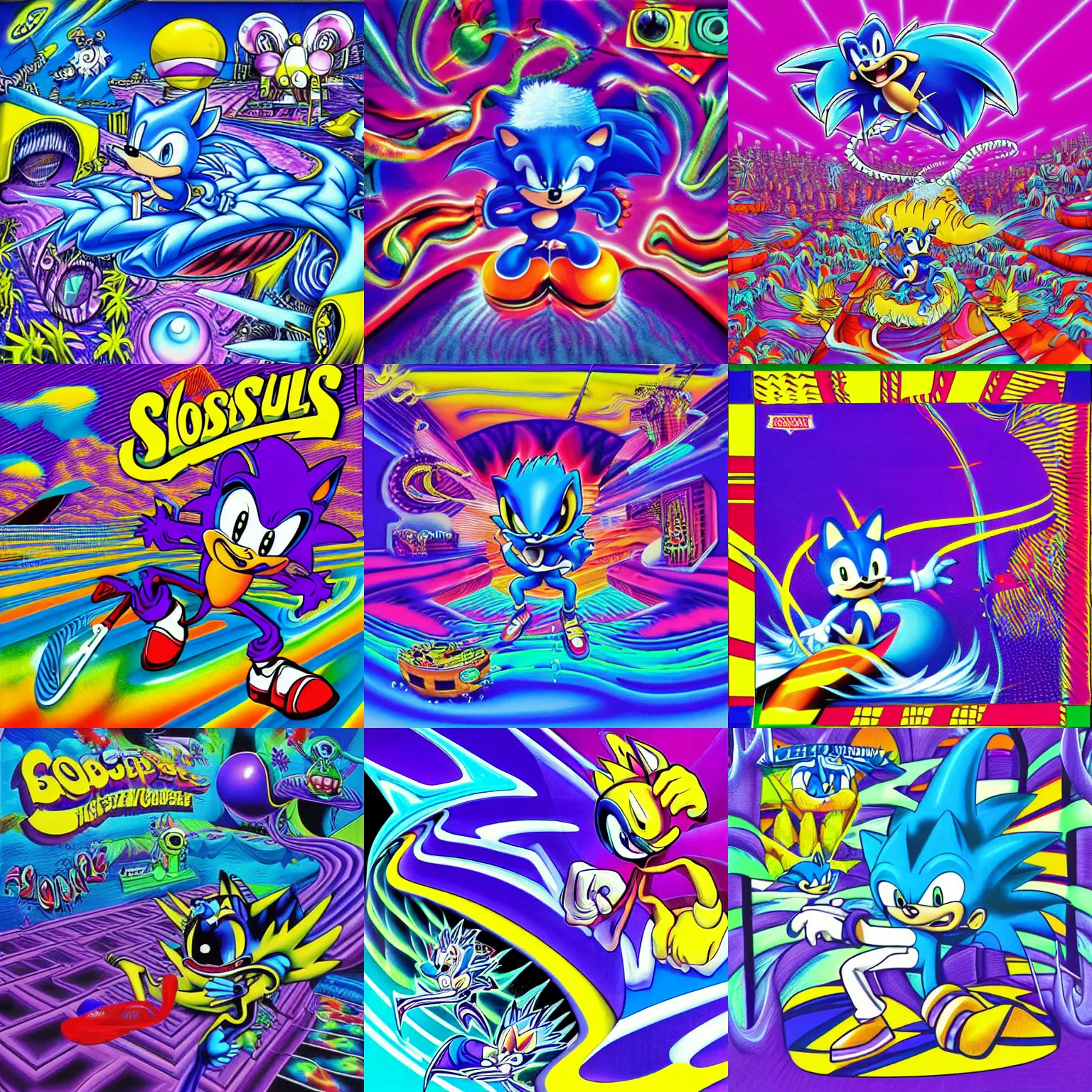 Prompt: surreal, sharp, lowbrow, detailed professional, high quality airbrush art mgmt album cover of a liquid dissolving lsd dmt blue sonic the hedgehog surfing through cyberspace, purple checkerboard background, 1 9 9 0 s 1 9 9 2 acid house techno sega genesis video game album cover
