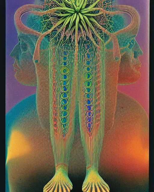 Prompt: a highly detailed intricate colorful chromatic abberation, 9 0 s toy commercial, double exposure photo from the 7 0 s, polaroid photo of all of the world's botanical knowledge in one brain, by zdzislaw beksinski, by ernst haeckel