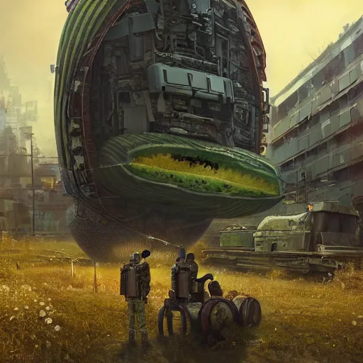 Prompt: Concept Digital Art Highly detailed Giant Watermelon war machine protecting Ukrainian village designed by Taras Shevchenko from intruders. By Stephen Hickman and Beeple. Very highly detailed 8K,Pentax 67, Kodak Portra 400 in style of Hiromasa Ogura Ghost in the Shell, the golden ratio, rational painting