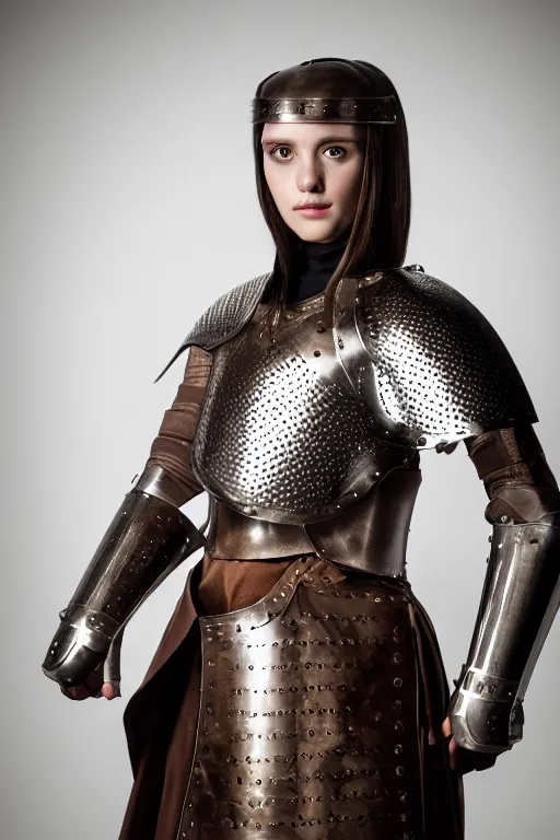 Image similar to female medieval knight, only leather armor, no metal, brown hair, by louis vuitton, luxury materials, symmetrical, cinematic, elegant, professional studio light, real dlsr photography, sharp focus, 4 k, ultra hd, sense of awe, high fashion