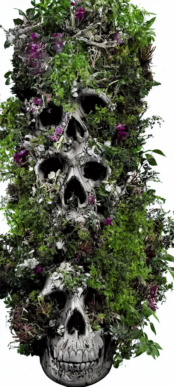 Image similar to robot skull degraded and filled with plants, stunning, 4 k, detailed,