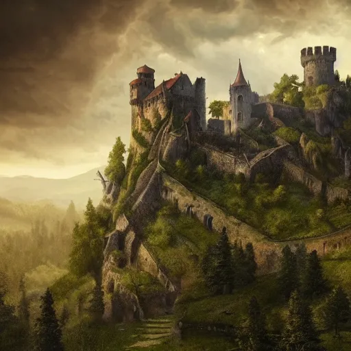 Image similar to A vast verdant empty valley surrounded by Transylvanian mountains. A medieval castle in ruins on the mountainside. Accurate details, dramatic lighting, golden hour, stormy weather, intricate, highly detailed, digital painting, artstation, concept art, sharp focus, illustration, art by Gustave Dore, octane render
