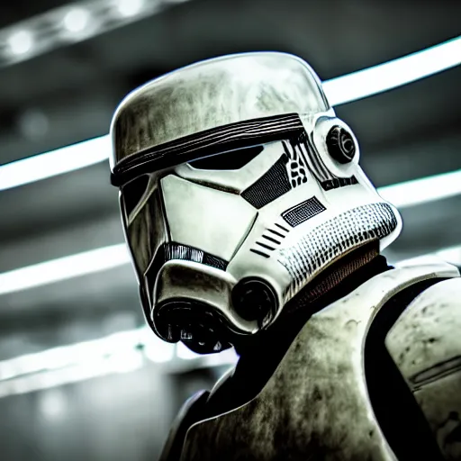 Prompt: close - up cyberpunk stormtrooper, battle scars, moody lighting, 8 k, shallow depth of field, cinematic lighting,