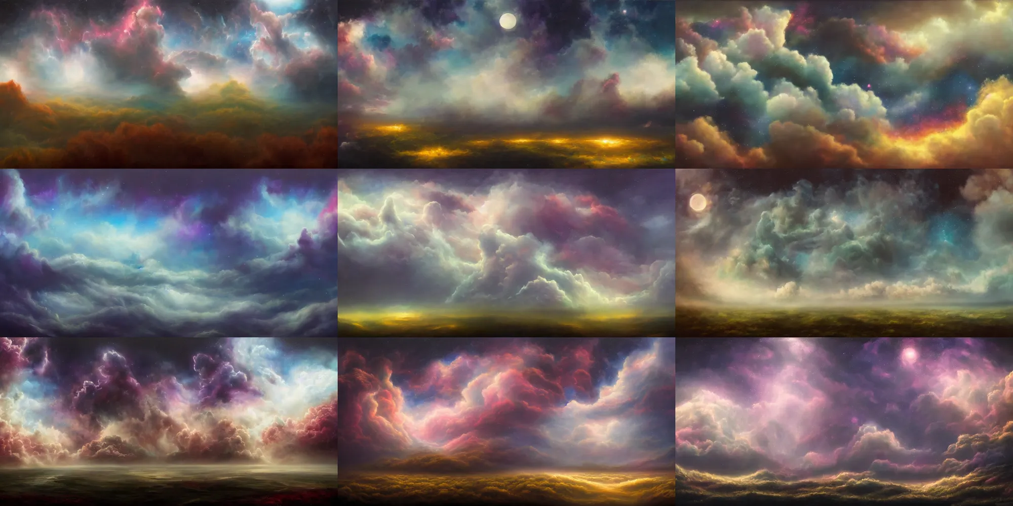 Prompt: A surreal dream landscape of clouds nebulas forests and lakes, cinematic lighting, detailed oil painting, 8k