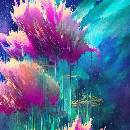 Prompt: moonscape sci-fi wet brush poster art neo-primitivism painting of surreal beauitiful waiizi flower, by Ross Tran, highly detailed, hyperrealism, excellent composition, cinematic concept art, dramatic lighting, abstract water color paiting strokes