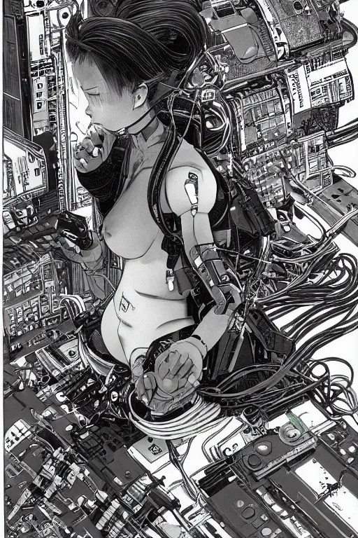 Prompt: an hyper-detailed cyberpunk illustration of a female android seated on the floor in a tech labor, seen from the side with her body open showing cables and wires coming out, by masamune shirow, and katsuhiro otomo, nippon, 1980s, centered, colorful