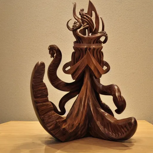 Image similar to wooden sculpture of cthulhu attacking a spaceship, polished maple, thoughtful, elegant, real