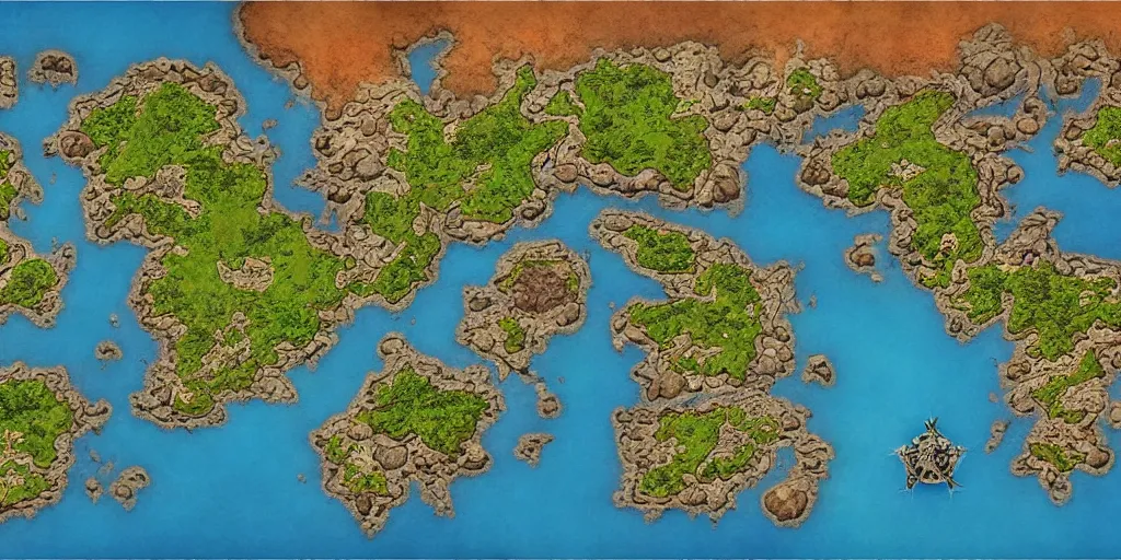 Prompt: a fantasy map of a large archipelago, digital art, detailed, trending on artstation, 8 k, hyperrealistic