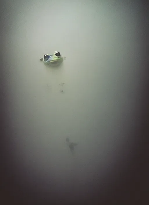 Image similar to “semitranslucent smiling frog amphibian vertically hovering over misty lake waters in Jesus Christ pose, low angle, long cinematic shot by Andrei Tarkovsky, paranormal, eerie, mystical”