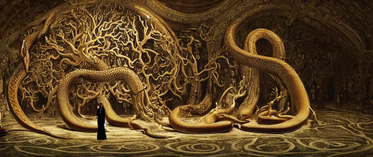 Image similar to a giant snake around the tree of life, high detail, 8k, ornate, dark fantasy, maximalist, realistic, masterpiece, complex, WLOP, film still from the movie directed by Denis Villeneuve with art direction by Salvador Dalí