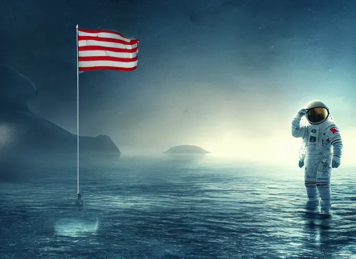 Image similar to astronaut holding a flag in an underwater desert. a submarine is visible in the distance. dark, concept art, cinematic, dramatic, atmospheric, 8 k, trending on artstation, blue, fish, low visibility, light rays, extremely coherent, bubbles, fog, ocean floor, christopher nolan, interstellar