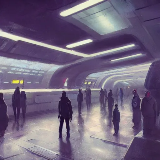 Prompt: scifi concept art by greg rutkowski, futuristic subway station with a lot of people waitintg, futuristic brutalist aesthetic, dim ilumination, highly detailed portrait, digital painting, artstation, concept art, smooth, sharp foccus ilustration, artstation hq