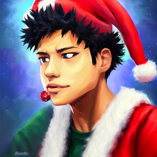 Image similar to an oil painting of a izuku midoriya wearing a hip - hop rap christmas hat, by artgerm, hd, hdr, ue 5, ue 6, unreal engine 5, realistic anime 3 d style, cinematic 4 k wallpaper, 8 k, ultra detailed, gta cover art, high resolution, artstation, award winning